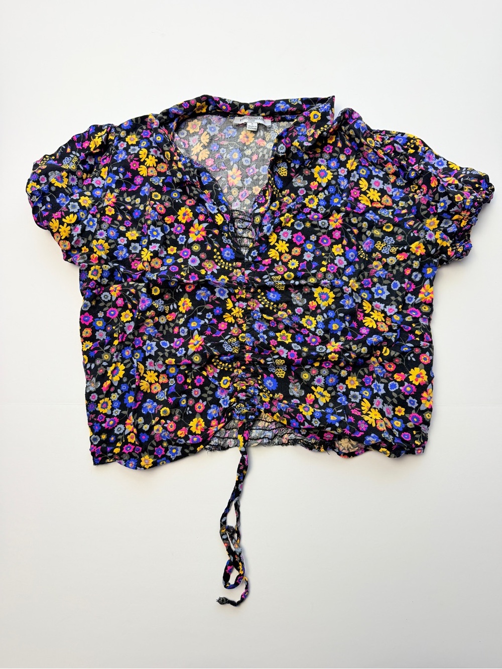Freshman 1996 Floral Peasant Blouse Women’s L Black Multicolor Puff Sleeve Top
